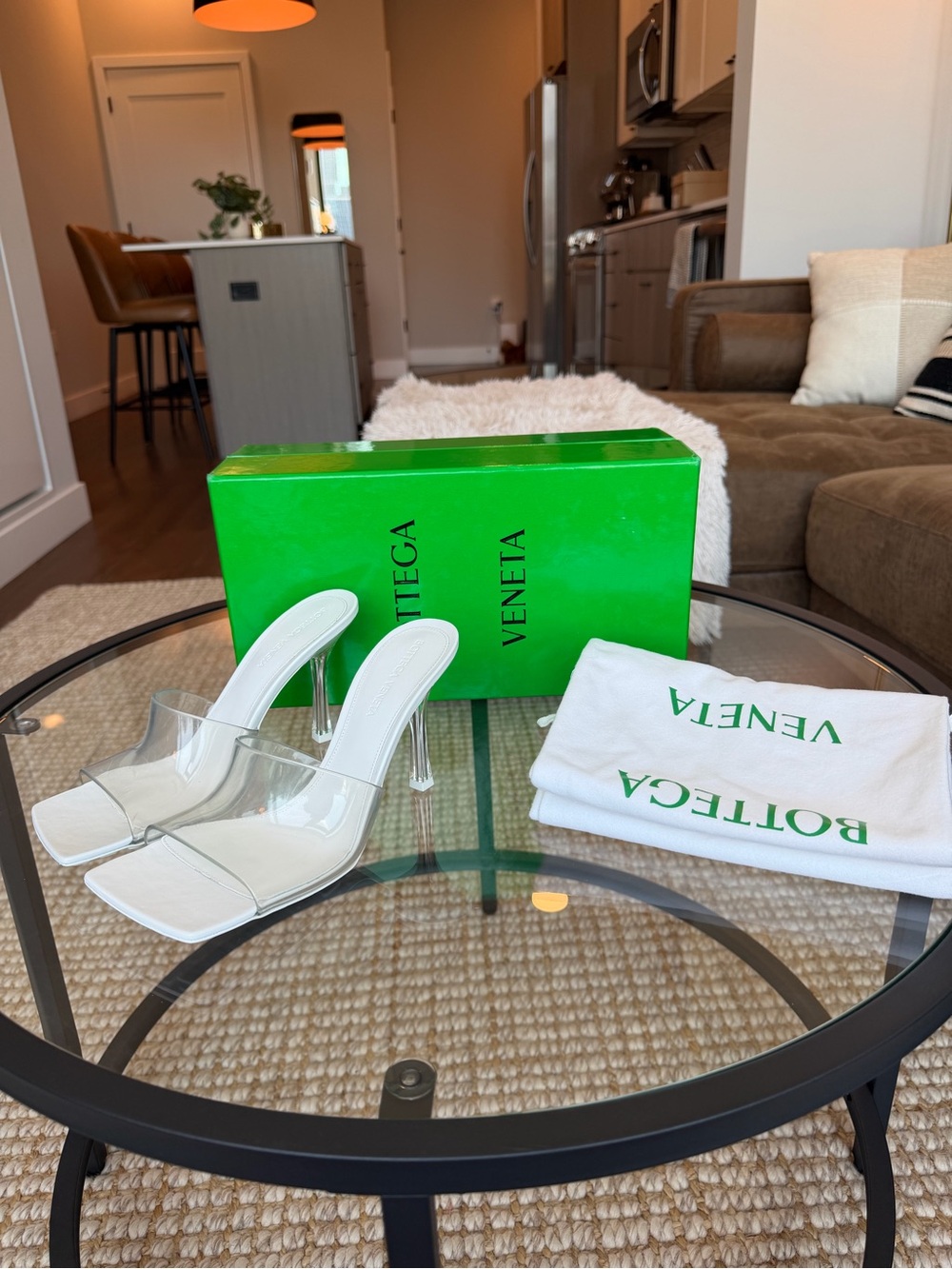 Bottega Veneta White Clear PVC Square-Toe Mule Heels